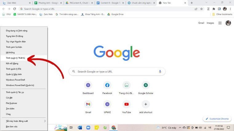 Menu ngữ cảnh của Windows khi nhấn Windows + X, hiển thị tùy chọn Device Manager để quản lý driver touchpad