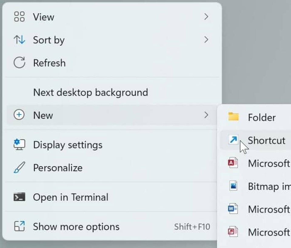 Menu ngữ cảnh tạo lối tắt mới trên desktop