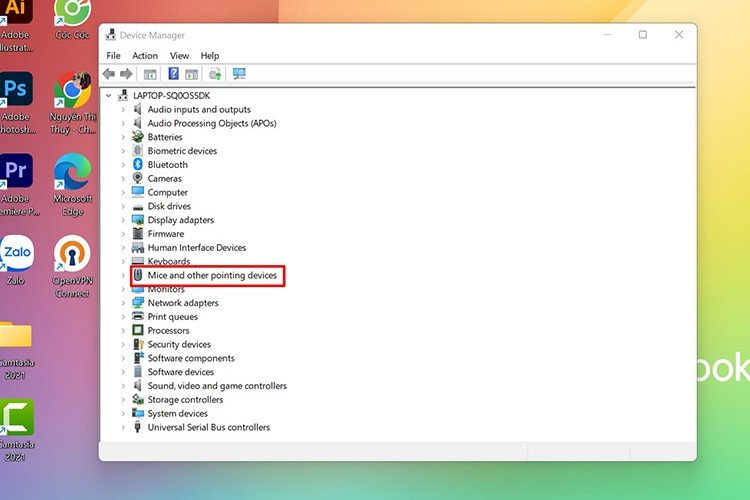 Menu ngữ cảnh Uninstall device khi chuột phải vào thiết bị trong Mice and other pointing devices