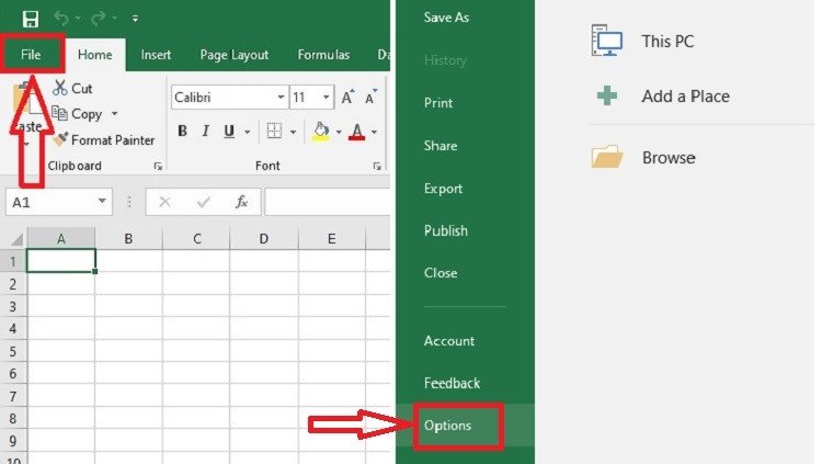 Menu Options trong Excel nơi cấu hình các cài đặt lưu file