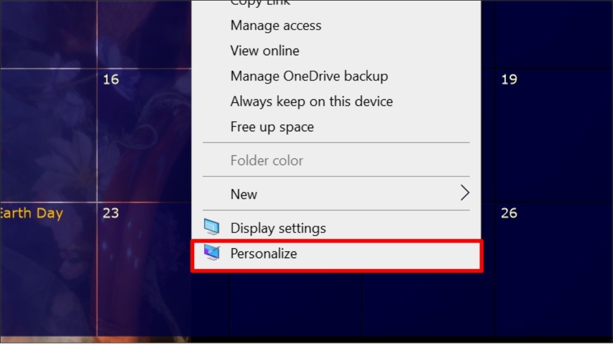 Menu 'Personalize' trong cài đặt Windows để thay đổi hình nền máy tính