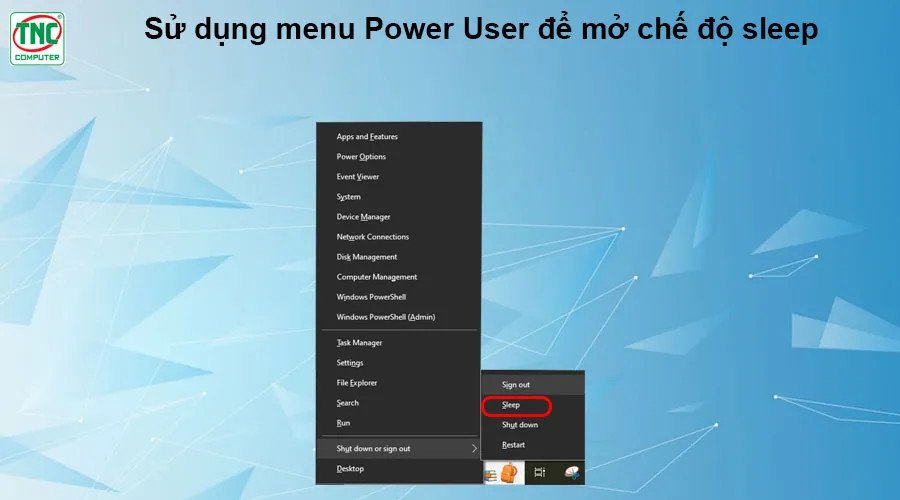 Menu Power User trong Windows với tùy chọn Sleep được đánh dấu, minh họa tổ hợp phím sleep laptop
