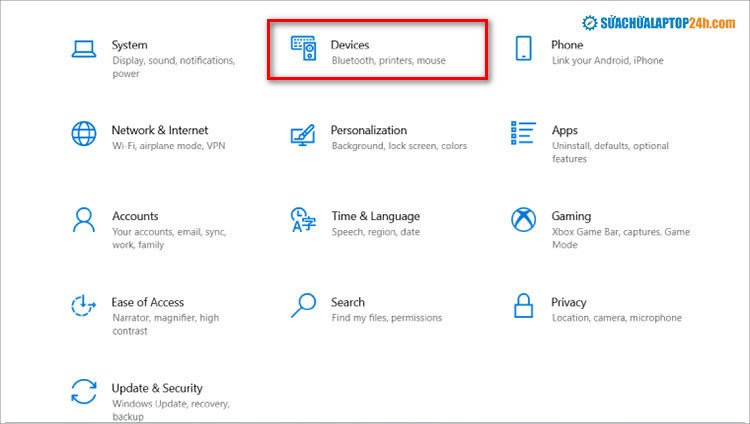 Menu Settings với lựa chọn Devices để quản lý chuột cảm ứng Dell