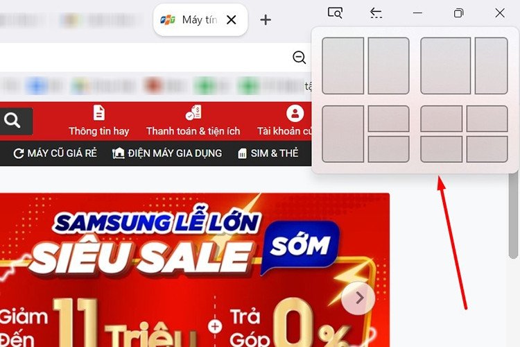 Menu Snap Layouts hiển thị nhiều tùy chọn bố cục chia màn hình khác nhau trên Windows 11