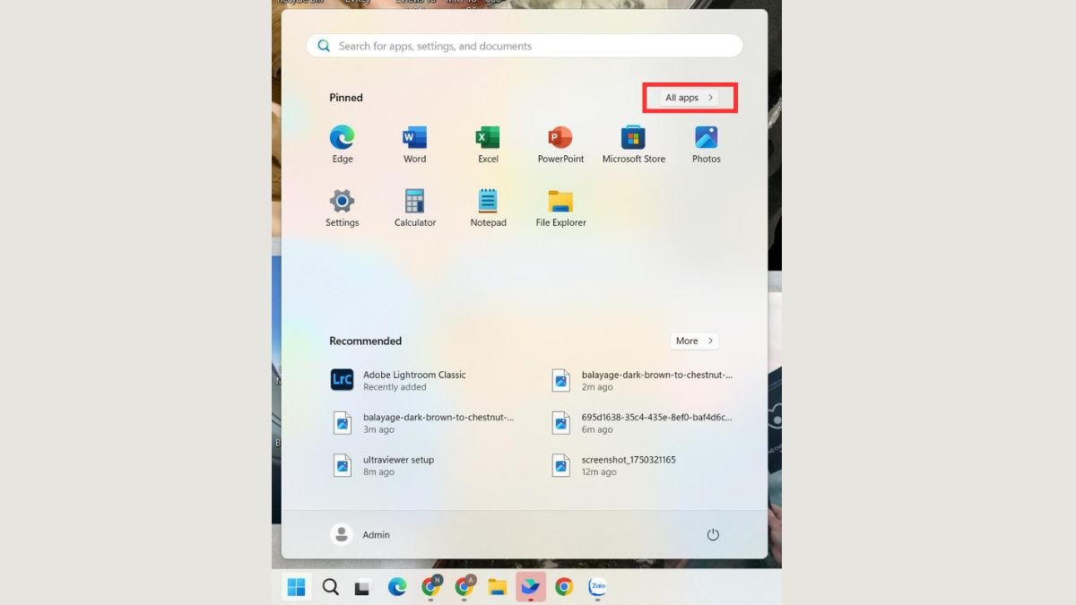 Menu Start của Windows, chọn "All apps" để tìm kiếm ứng dụng UltraViewer