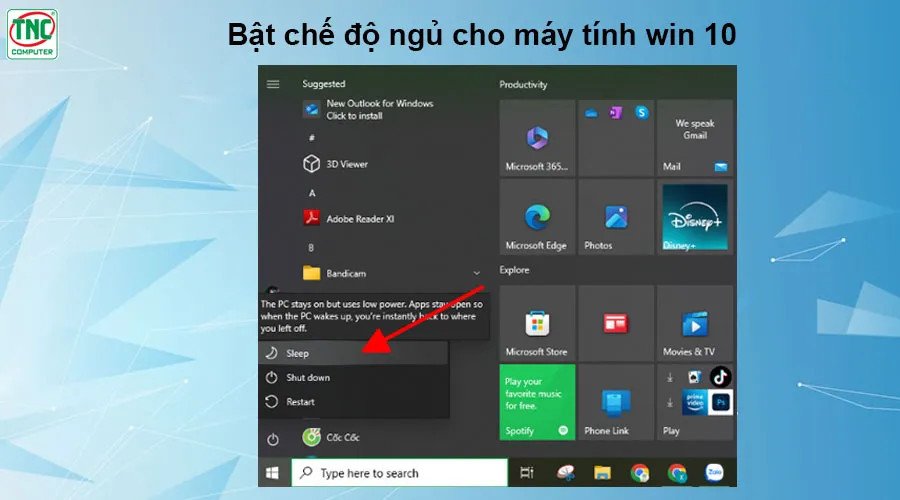 Menu Start hiển thị tùy chọn Power với chế độ Sleep, một cách đưa máy tính vào chế độ ngủ