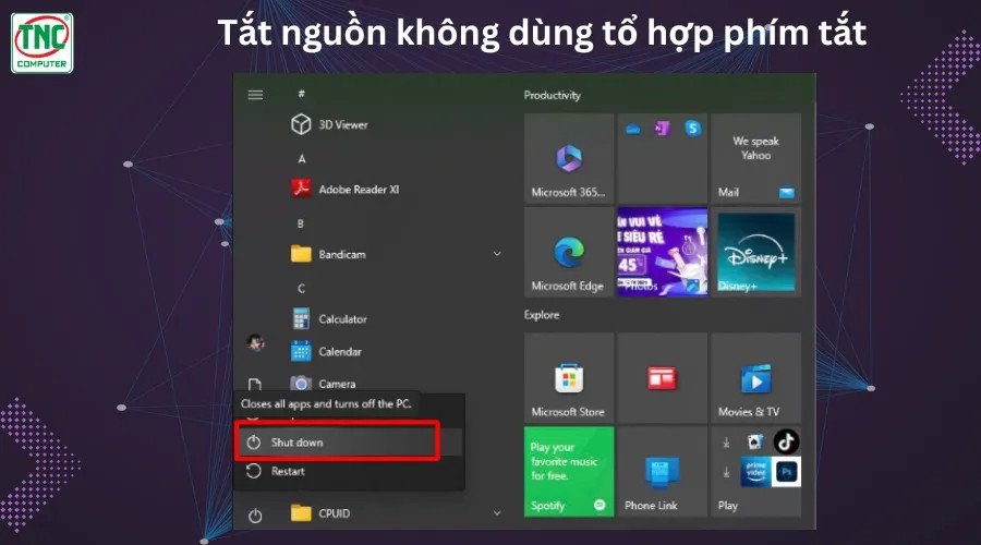 Menu Start trên Windows với tùy chọn Shut down, một cách tắt nguồn laptop thông thường