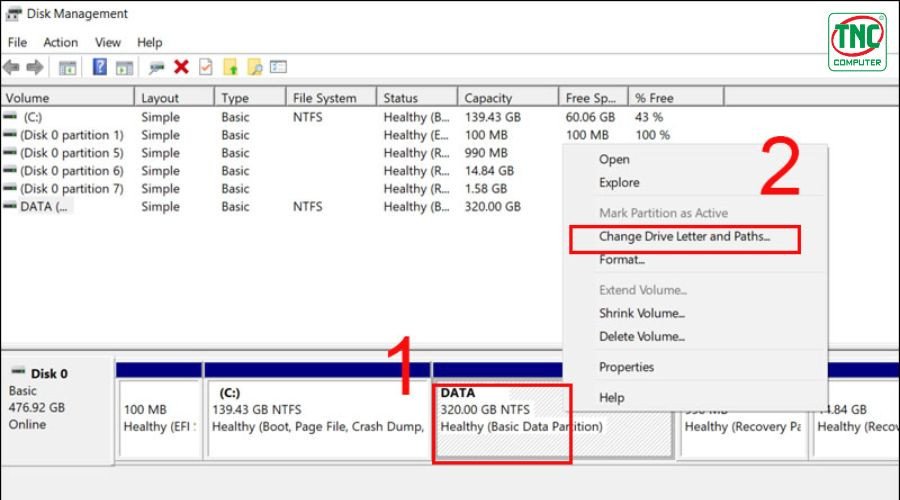 Menu tùy chọn "Change Drive Letter and Paths" trong Disk Management giải quyết laptop không có ổ đĩa D