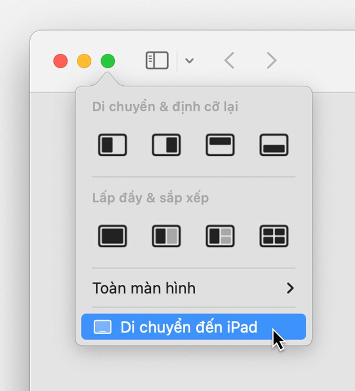 Menu tùy chọn di chuyển cửa sổ sang iPad, hướng dẫn kết nối màn hình iPad với laptop Mac.