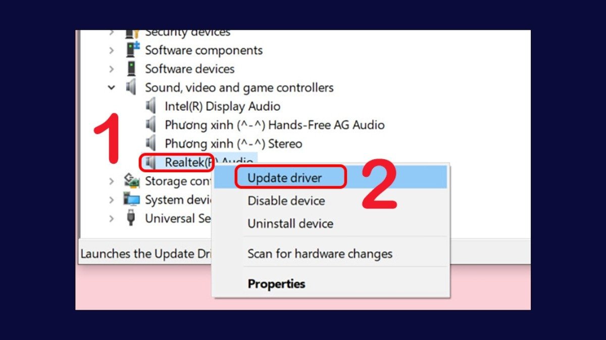 Menu tùy chọn driver với mục "Update driver" để cập nhật trình điều khiển âm thanh cho laptop