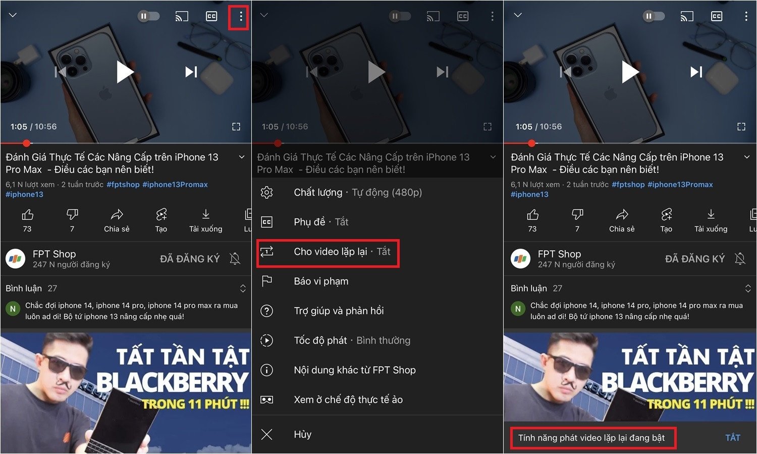 Menu tùy chọn lặp lại video trên ứng dụng YouTube điện thoại