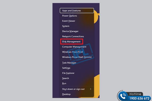 Menu Win + X trên Windows 11, cho phép truy cập nhanh vào Disk Management để kiểm tra dung lượng.