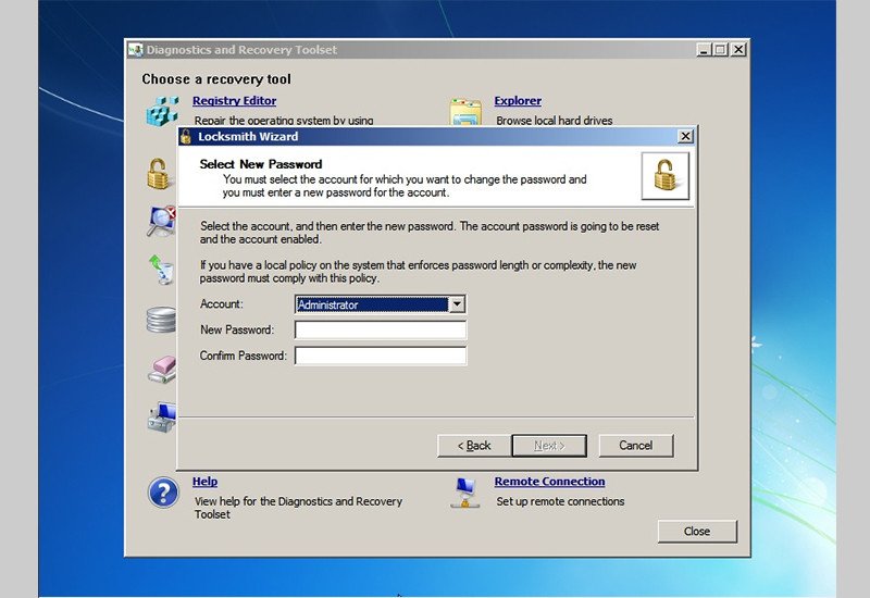Minh họa giao diện phần mềm DaRT của Microsoft, hỗ trợ khôi phục mật khẩu laptop hiệu quả