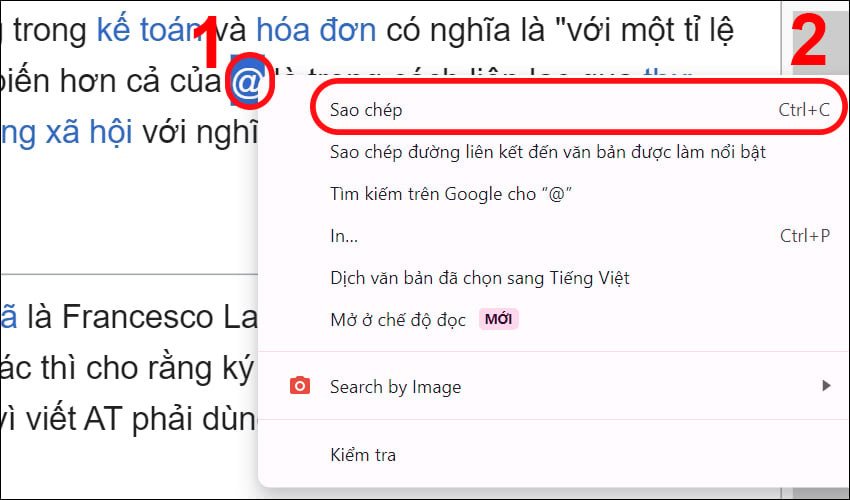 Minh họa thao tác sao chép ký tự @ để gõ @ trên laptop thông qua phương pháp Copy Paste