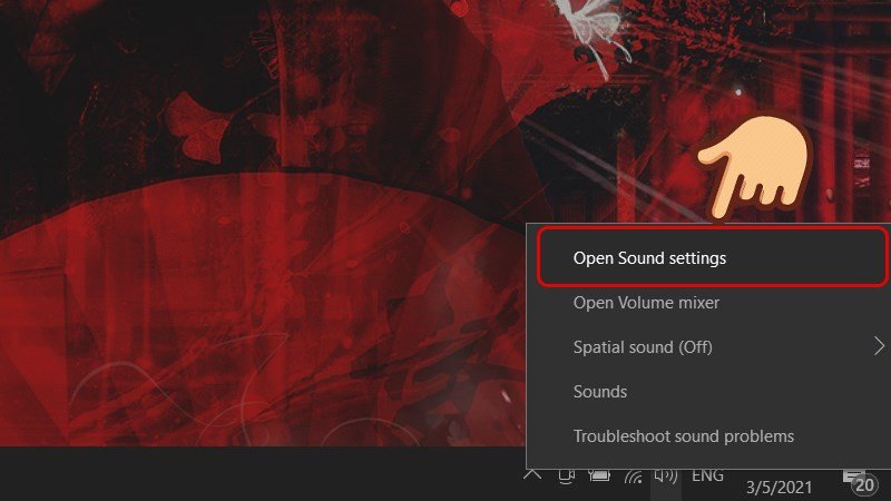 Mở cài đặt âm thanh trên Windows 10 qua menu chuột phải của biểu tượng loa