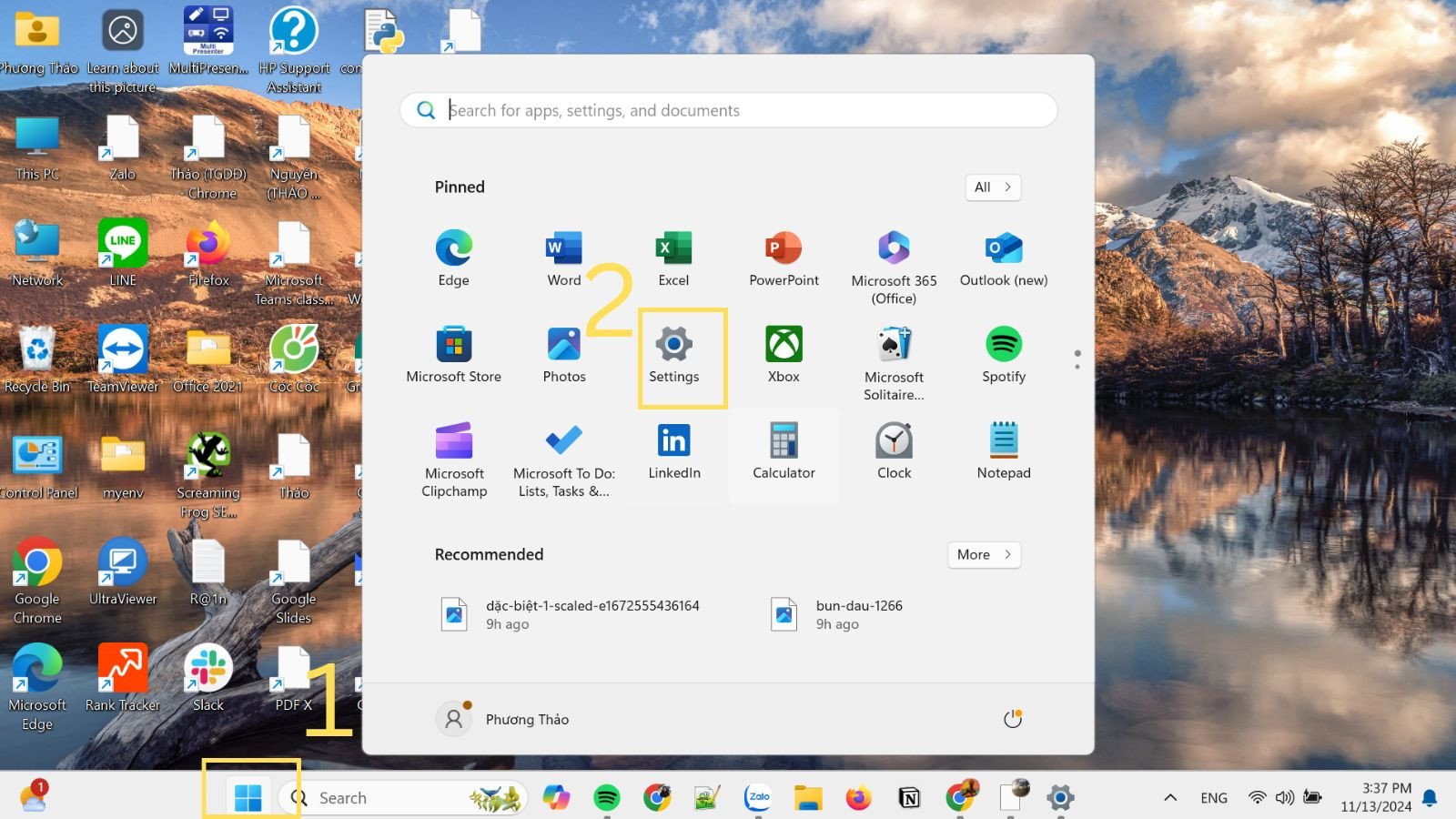 Mở cài đặt để reset laptop Windows 11