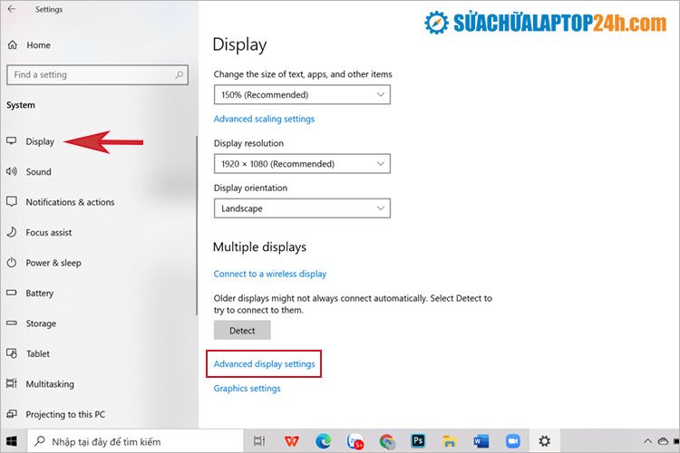 Mở cài đặt hiển thị nâng cao để kiểm tra tần số quét màn hình
