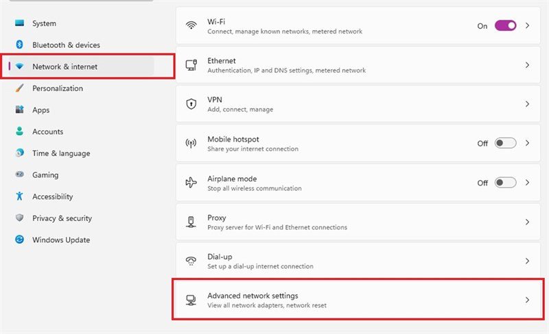 Mở cài đặt mạng và internet trên Windows 11 để xem mật khẩu wifi