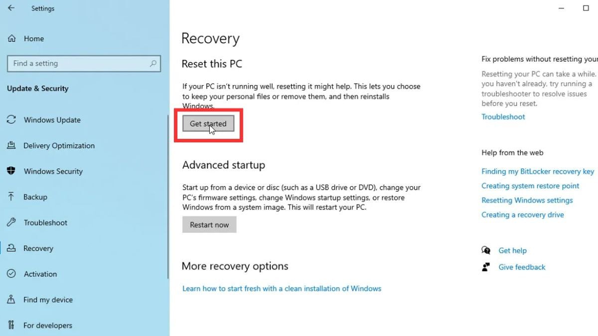 Mở cài đặt Recovery để reset laptop Dell về trạng thái ban đầu trên Windows 10