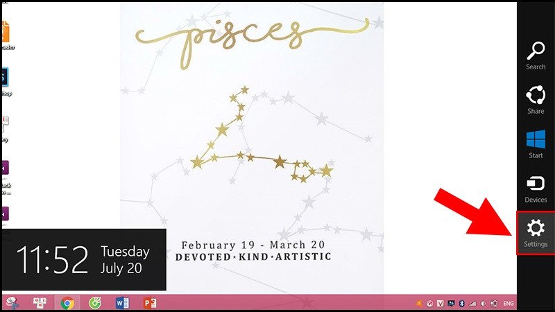 Mở Charms bar và chọn Settings để thay ảnh nền laptop