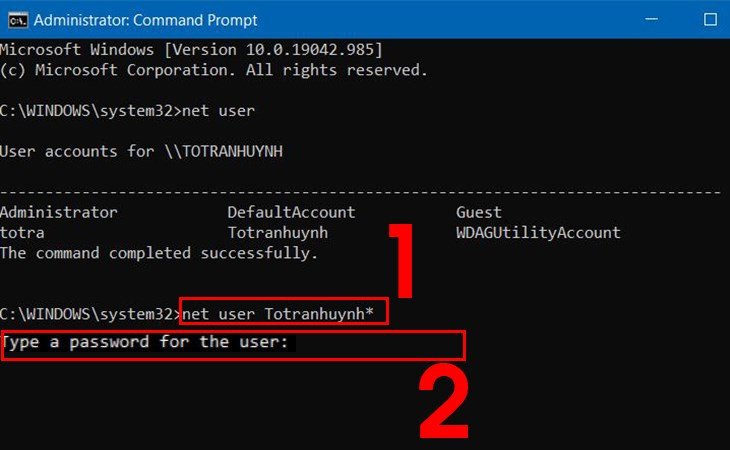 Mở CMD với quyền quản trị viên, nhập net user USERNAME * để đổi mật khẩu