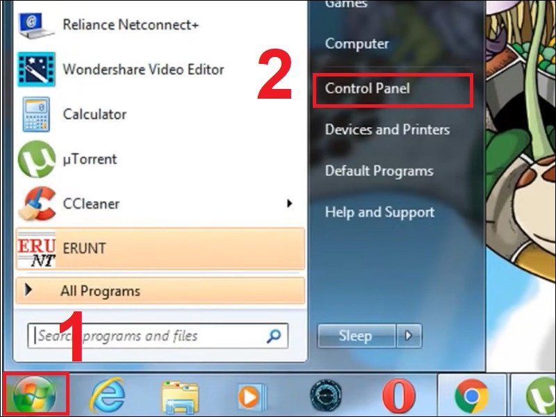 Mở Control Panel trên Windows 7