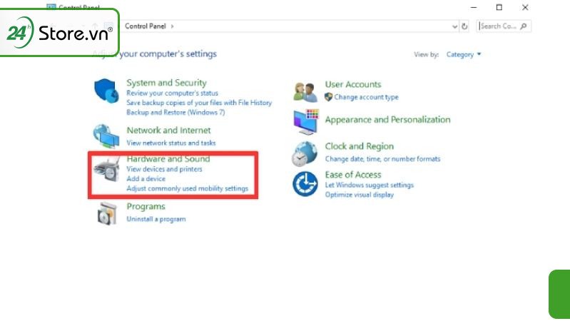 Mở Control Panel trên Windows để truy cập cài đặt phần cứng và âm thanh