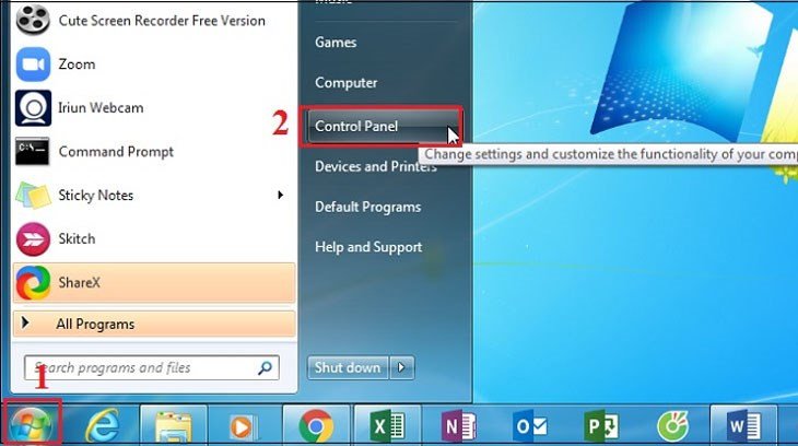 Mở Control Panel từ Start để vào cài đặt chuột