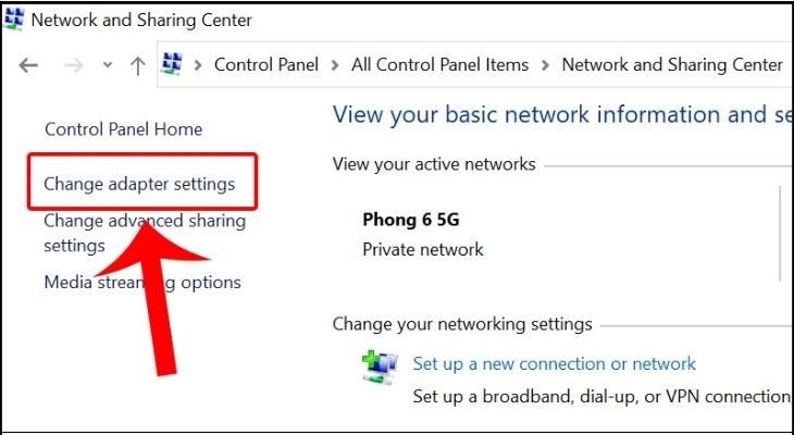 Mở cửa sổ 'Change adapter settings' để quản lý các card mạng trên Dell.
