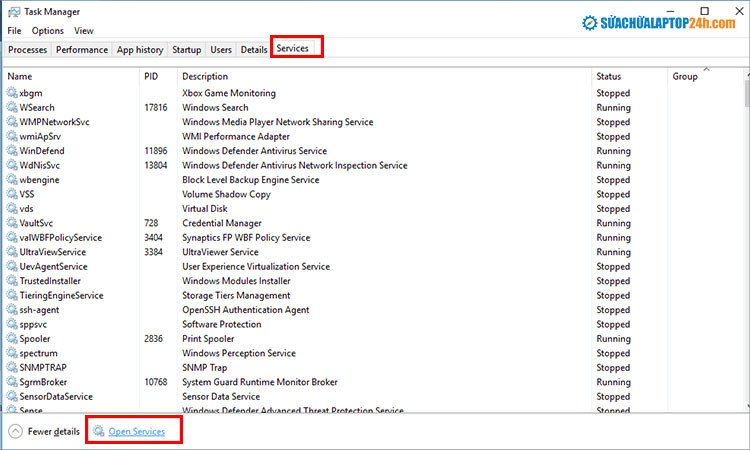 Mở cửa sổ Services trong Task Manager để khắc phục lỗi Bluetooth