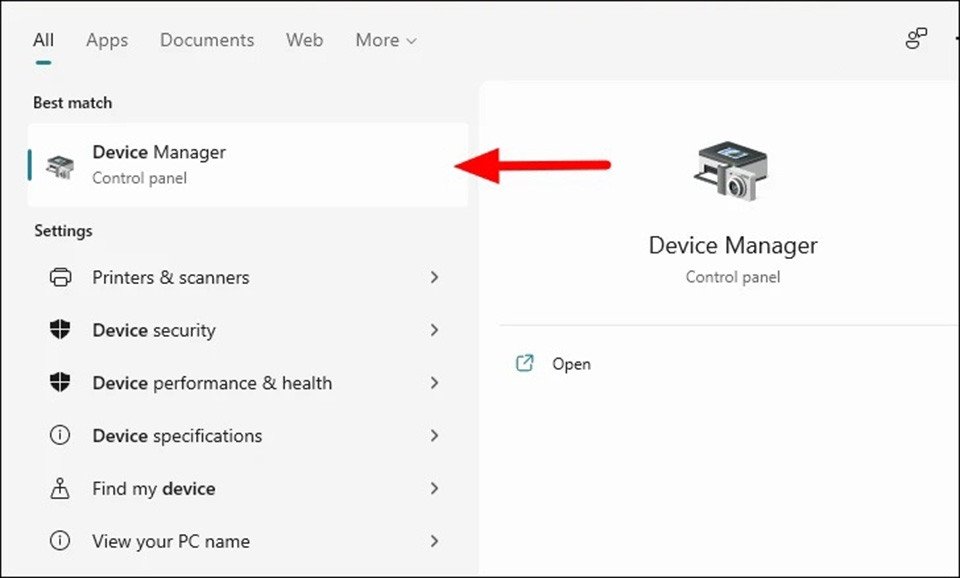 Mở Device Manager để cập nhật driver khắc phục lỗi màn hình đen laptop Win 11