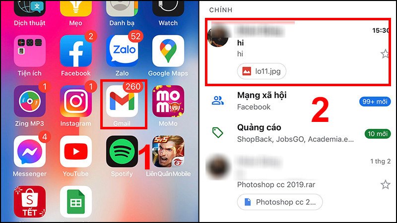 Mở Gmail trên iPhone và lưu ảnh đã nhận