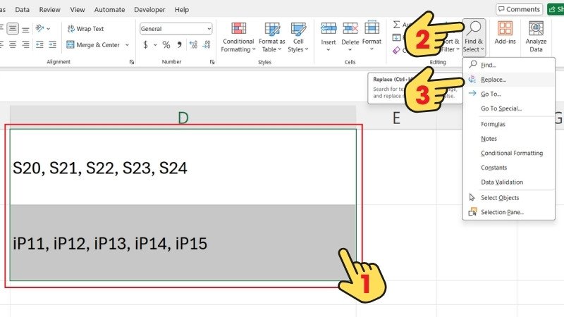 Mở hộp thoại Find &amp; Replace trong Excel để xuống dòng hàng loạt