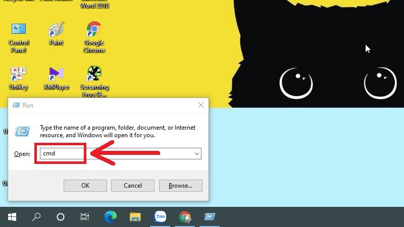 Mở hộp thoại Run và nhập lệnh CMD để bắt đầu kiểm tra pin laptop