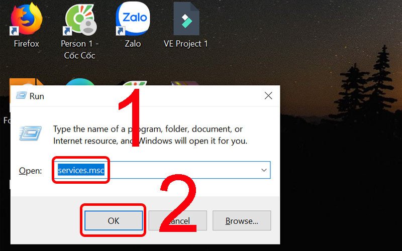 Mở hộp thoại Run và nhập "services.msc" để truy cập các dịch vụ hệ thống.