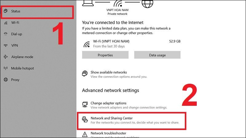 Mở Network and Sharing Center (Trung tâm Mạng và Chia sẻ) để quản lý kết nối Wi-Fi