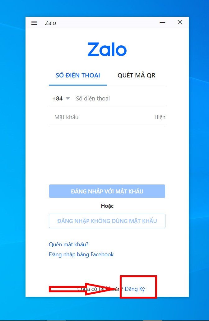 Mở phần mềm Zalo và chọn đăng ký tài khoản mới