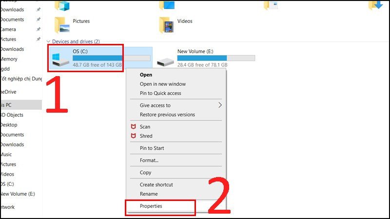 Mở Properties của ổ cứng trong File Explorer để kiểm tra SSD trên laptop