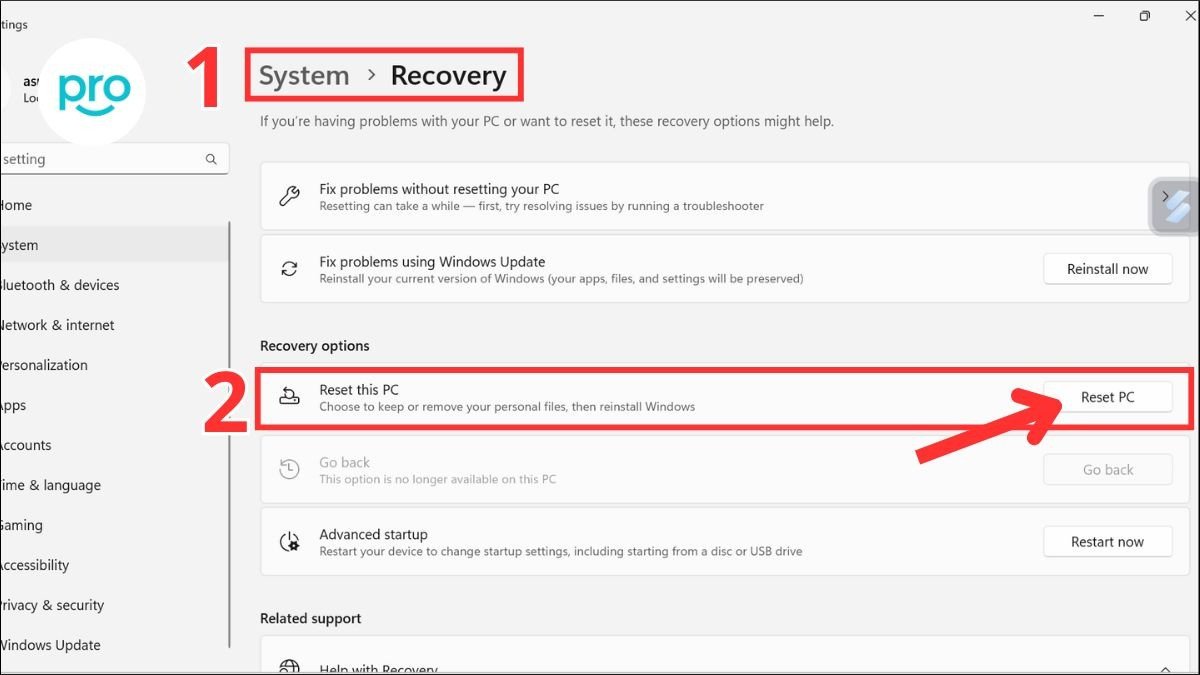 Mở Settings > Chọn System > Recovery > Reset this PC