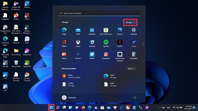 Mở Start Menu và truy cập mục All apps trên Windows 11 để tìm ứng dụng