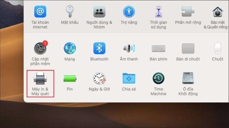 Mở System Preferences trên Macbook để cấu hình máy in có dây