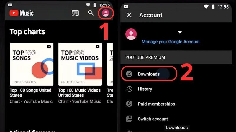Mở tài khoản và chọn Downloads trong YouTube Music