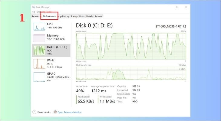 Mở Task Manager bằng Ctrl + Shift + Esc để theo dõi hiệu suất laptop
