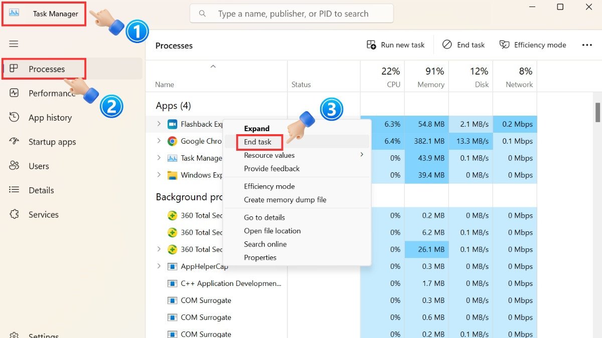 Mở Task Manager để quản lý tiến trình và reset driver card màn hình