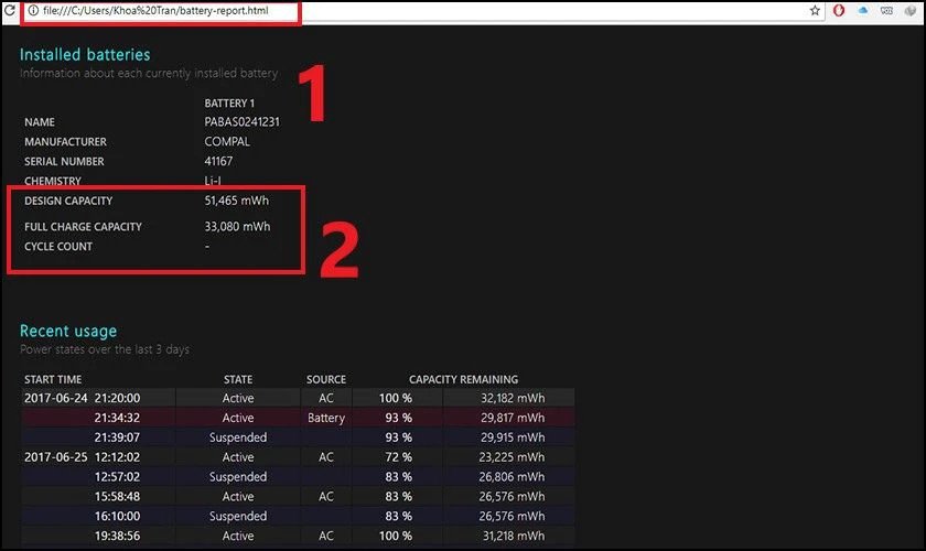 Mở tệp battery-report.html bằng trình duyệt web để xem các thông tin chi tiết về pin