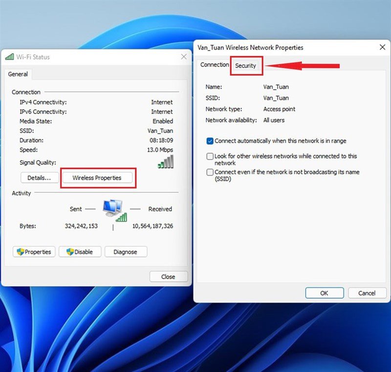 Mở thuộc tính không dây để tìm mật khẩu wifi trên laptop win 11
