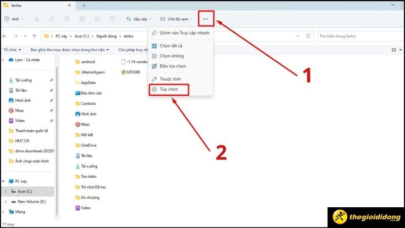 Mở tùy chọn (Options) trên thanh công cụ File Explorer để cấu hình hiển thị tệp ẩn