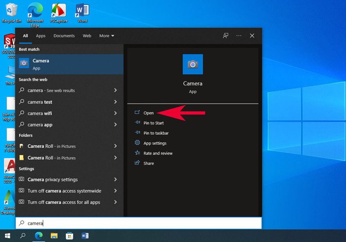 Mở ứng dụng Camera tích hợp trên Windows 10 thông qua tìm kiếm nhanh
