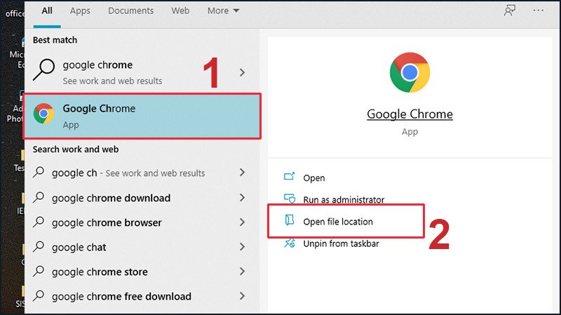 Mở vị trí tệp của Google Chrome và kéo biểu tượng ra desktop