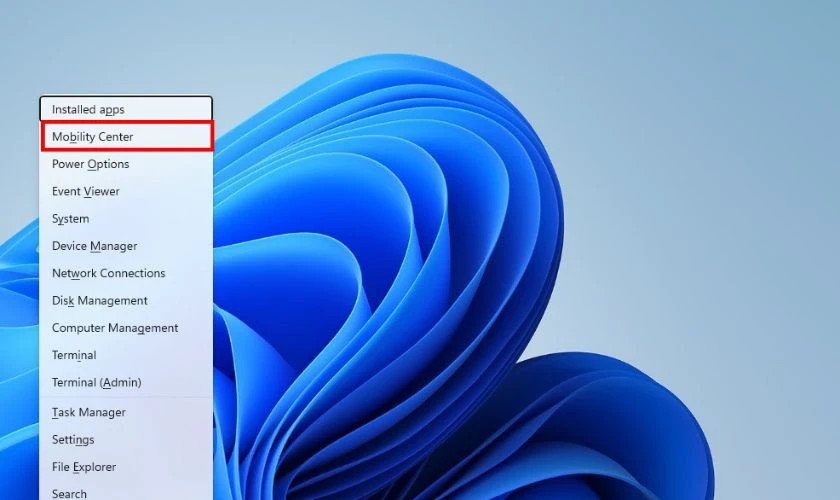 Mở Windows Mobility Center bằng Windows + X